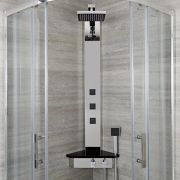 Milano Astley - Modern Corner Thermostatic Shower Tower Panel with Large Shower Head, Hand Shower, Body Jets and Shelf - Chrome and Black