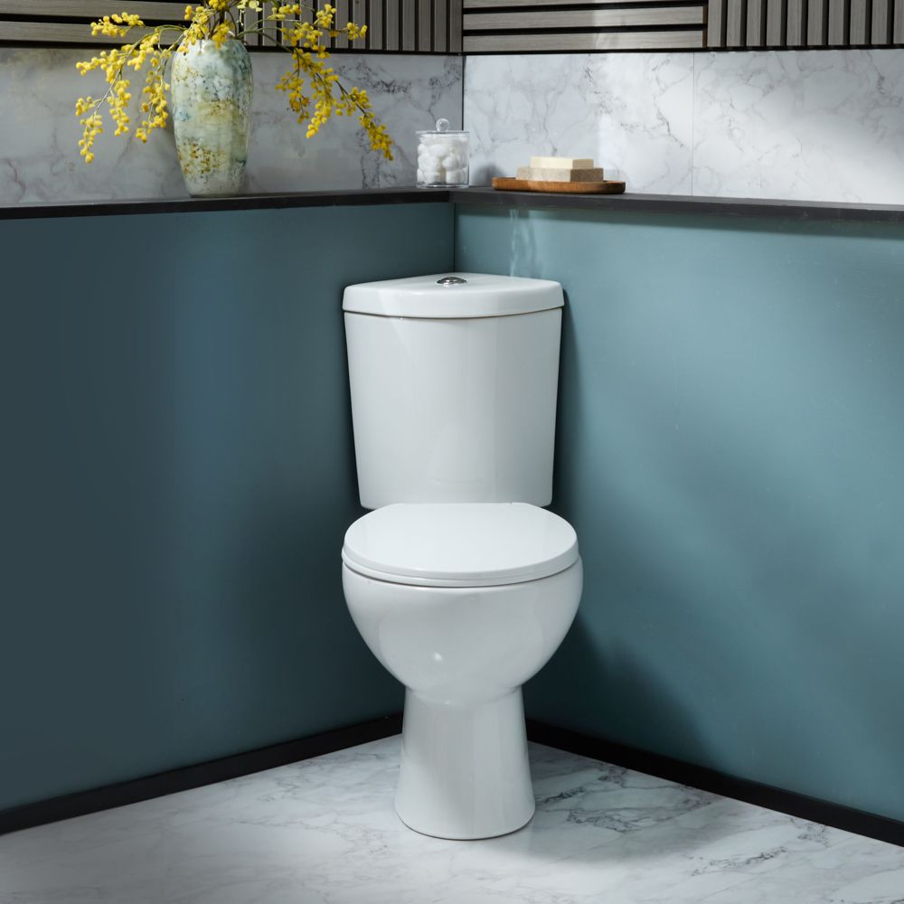 Milano Newby Modern Corner Close Coupled Toilet with Soft Close Seat and Chrome Flush Button