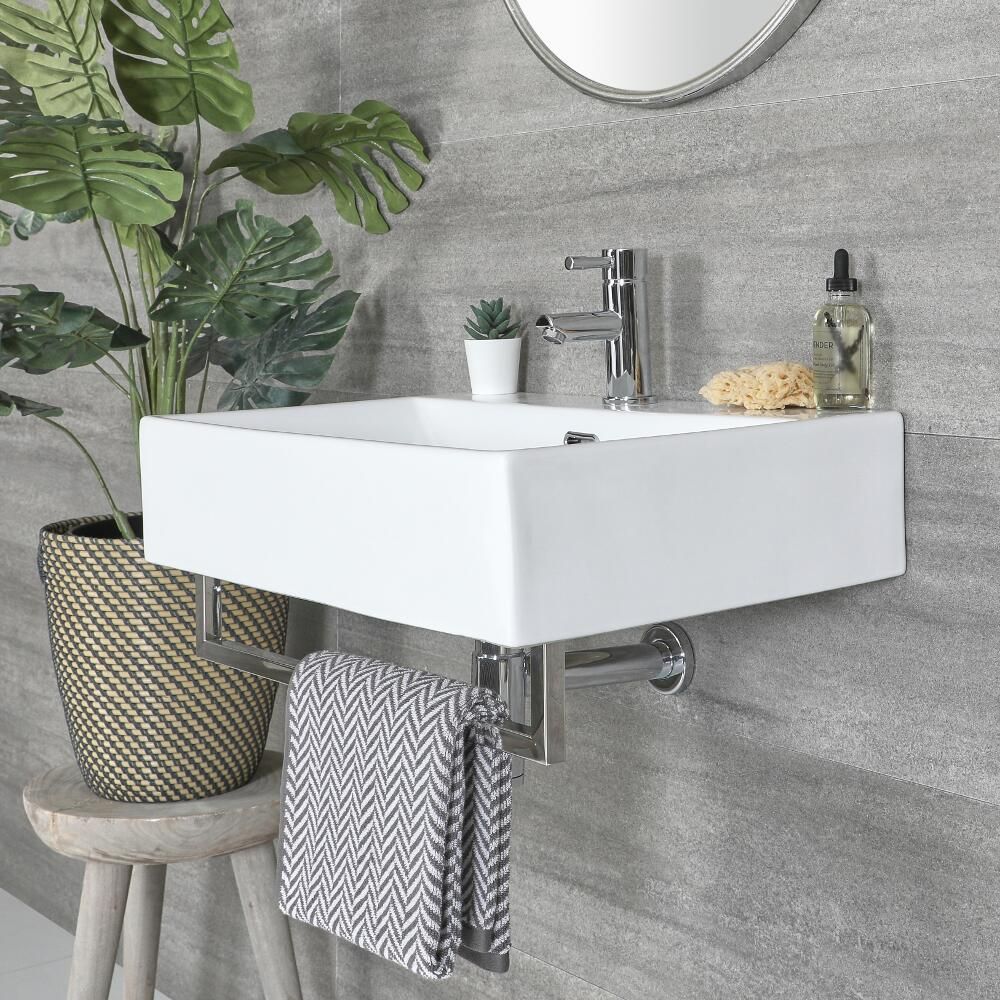 Milano Elswick White Modern 600mm x 420mm Rectangular Wall Hung Basin with Chrome Towel Rail