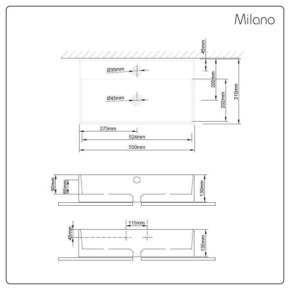Milano Dalton - White Modern Rectangular Countertop Basin - 550mm x ...