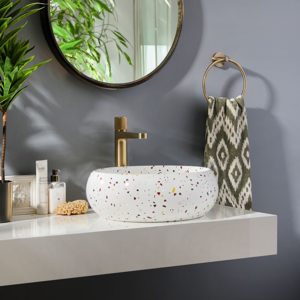 Aurora Bathroom Countertop Basin Sink Fluted Gloss White Round Modern 360 X 360mm