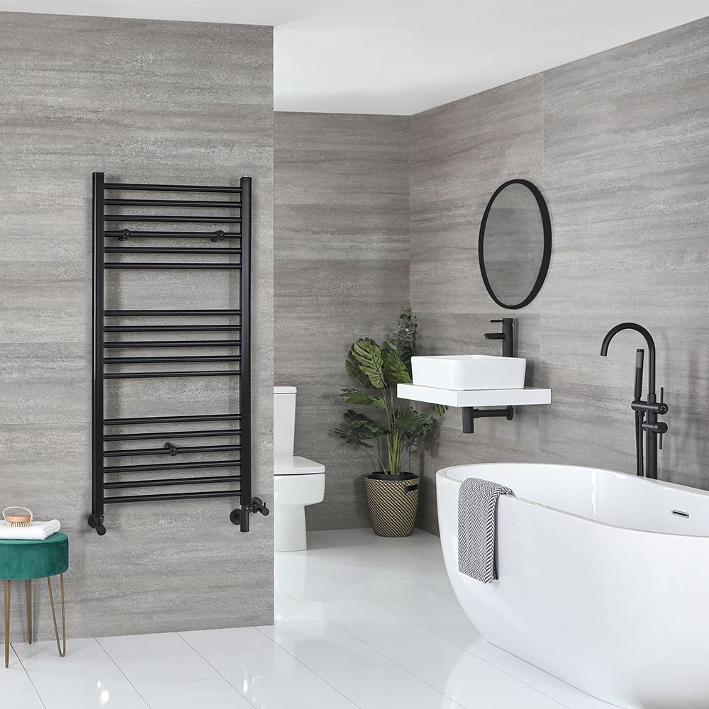 Milano Nero Dual Fuel Matt Black Straight Heated Towel Rail 600 x 1200mm