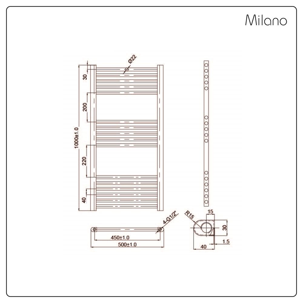 Milano Esk Brushed Brass Flat Heated Towel Rail 1000mm x 500mm