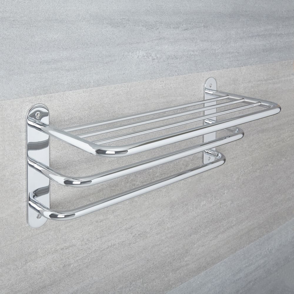 Chrome bathroom shelf with towel bar discount