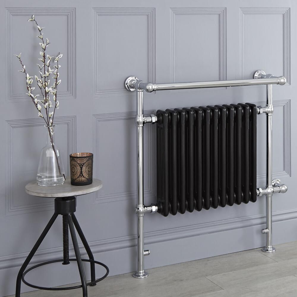 Milano Elizabeth Black and Chrome Traditional Electric Heated Towel Rail 930mm x 790mm With Overhanging Rail