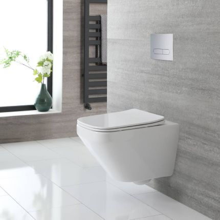Milano Farington - White Modern Square Wall Hung Rimless Toilet with Soft Close Seat
