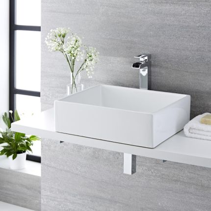 Milano Westby - White Modern Rectangular Countertop Basin - 490mm x 390mm (No Tap-Holes)