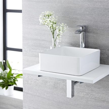 Milano Rivington - White Modern Square Countertop Basin - 370mm x 370mm (No Tap-Holes)