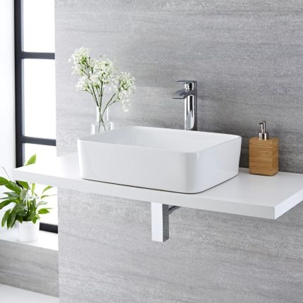 Milano Rivington - White Modern Rectangular Countertop Basin - 480mm x 370mm (No Tap-Holes)