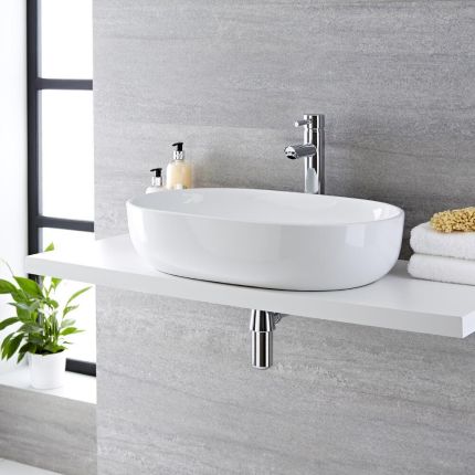 Milano Overton - White Modern Oval Countertop Basin with High Rise Mixer Tap - 590mm x 425mm