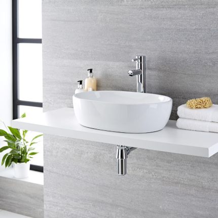 Milano Overton - White Modern Oval Countertop Basin with High Rise Mixer Tap - 480mm x 350mm