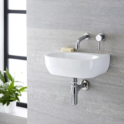 Milano Mellor - White Modern Oval Wall Hung Basin - 420mm x 290mm (No Tap-Holes)