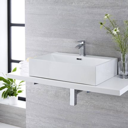 Milano Elswick - White Modern Rectangular Countertop Basin - 605mm x 430mm (1 Tap-Hole)