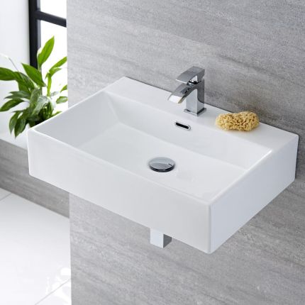 Milano Elswick - White Modern Rectangular Wall Hung Basin - 600mm x 420mm (1 Tap-Hole)