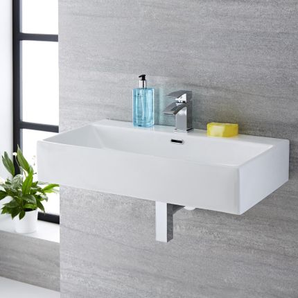 Milano Elswick - White Modern Rectangular Wall Hung Basin - 750mm x 420mm (1 Tap-Hole)