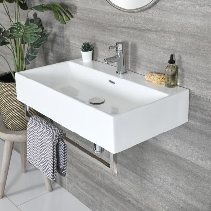 Milano Elswick - White Modern 750mm x 420mm Rectangular Wall Hung Basin with Chrome Towel Rail