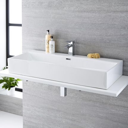 Milano Elswick - White Modern Rectangular Countertop Basin with Mono Mixer Tap - 1010mm x 425mm