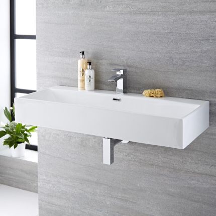 Milano Elswick - White Modern Rectangular Wall Hung Basin - 1000mm x 420mm (1 Tap-Hole)
