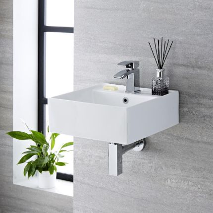 Milano Dalton - White Modern Square Wall Hung Basin - 410mm x 410mm (1 Tap-Hole)