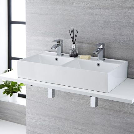 Milano Dalton - White Modern Double Rectangular Countertop Basin - 820mm x 420mm (2 Tap-Holes)