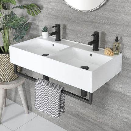 Milano Elswick - White Modern 820mm x 420mm Rectangular Double Wall Hung Basin with Black Towel Rail