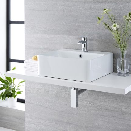 Milano Farington - White Modern Rectangular Countertop Basin - 460mm x 420mm (1 Tap-Hole) - with Chrome Overflow