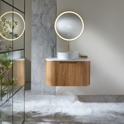 Milano Chalton - Oak Curved Wall Hung Fluted Vanity Unit - Choice of Size and Basin