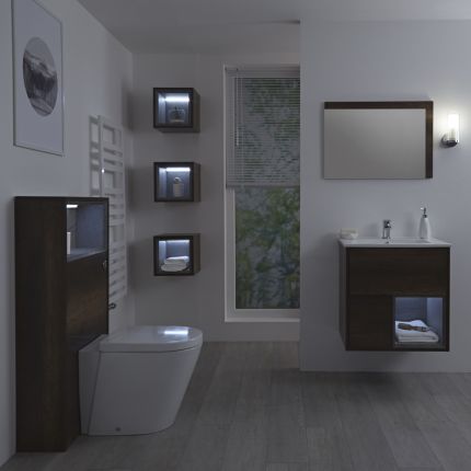 Milano Bexley - Dark Oak Modern 600mm Vanity Unit, WC unit, Rivington Pan, Three Storage Units and Mirror