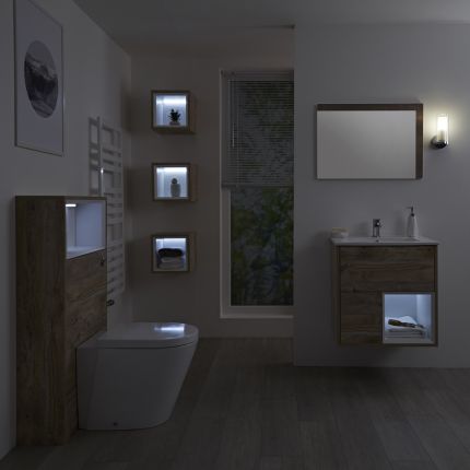 Milano Bexley - Light Oak Modern 600mm Open Shelf Vanity Unit, WC Unit, Rivington Pan, Three Storage Units and Mirror