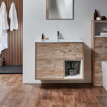 Milano Bexley - 810mm Wall Hung Open Shelf Vanity Unit with Basin - Choice of Finish, Basin and LED Light