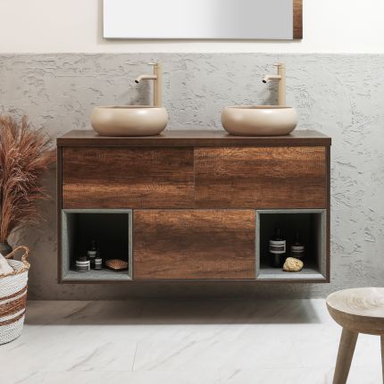 Milano Bexley - 1200mm Wall Hung Open Shelf Vanity Unit with Elements Countertop Basins - Choice of Basin, Finish and LED Light