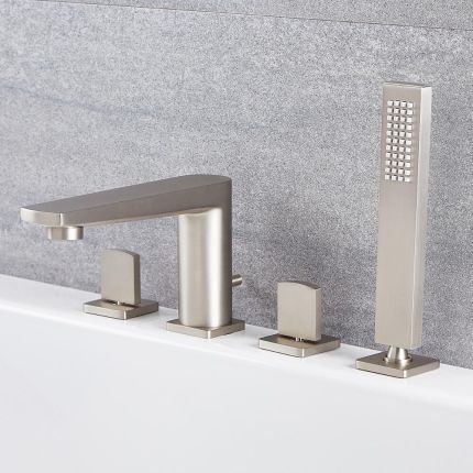 Milano Hunston - 4 Tap-Hole Modern Deck Mounted Bath Shower Mixer Tap with Hand Shower - Brushed Nickel