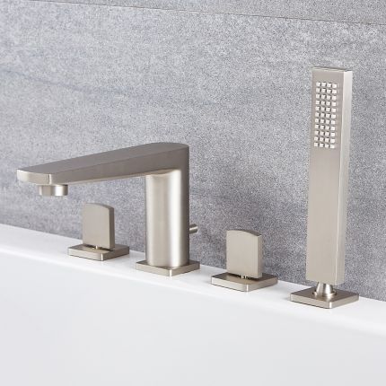 Milano Hunston - 4 Tap-Hole Modern Deck Mounted Bath Shower Mixer Tap with Hand Shower - Brushed Nickel