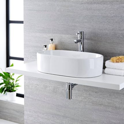 Milano Overton - White Modern Oval Countertop Basin with High Rise Mixer Tap - 575mm x 360mm