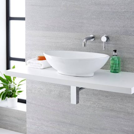 Milano Altham - White Modern Oval Countertop Basin with Wall Mounted Mixer Tap - 520mm x 320mm