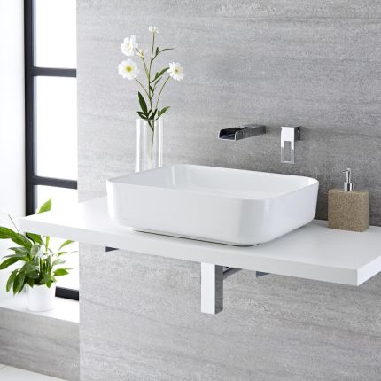 Milano Longton - White Modern Rectangular Countertop Basin with Wall Mounted Mixer Tap - 500mm x 390mm