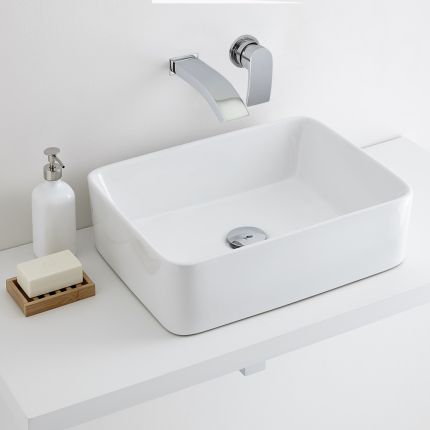 Milano Rivington - White Modern Rectangular Countertop Basin with Wall Mounted Mixer Tap - 480mm x 370mm