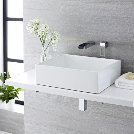 Milano Westby - White Modern Rectangular Countertop Basin with Wall Mounted Mixer Tap - 490mm x 390mm