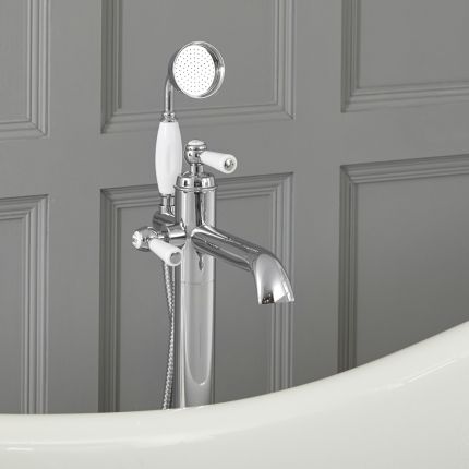 Milano Elizabeth - Traditional Freestanding Mono Bath Shower Mixer Tap with Hand Shower - Chrome and White