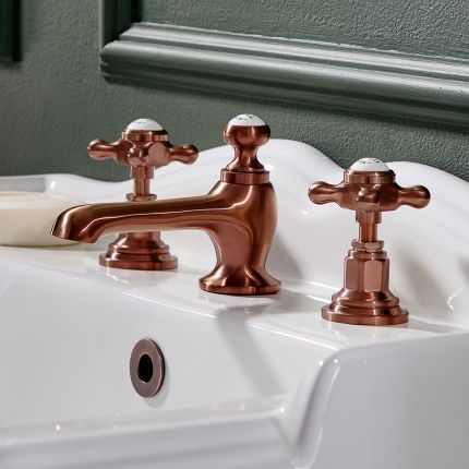 Milano Elizabeth - 3 Tap-Hole Crosshead Basin Mixer Tap - Brushed Copper