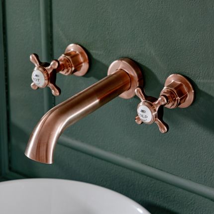 Milano Elizabeth - Traditional Wall Mounted 3 Tap-Hole Crosshead Basin Mixer Tap - Brushed Copper