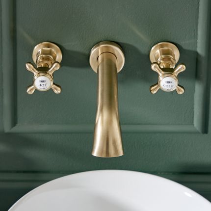 Milano Elizabeth - Traditional Wall Mounted 3 Tap-Hole Crosshead Basin Mixer Tap - Brushed Brass