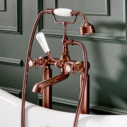 Milano Elizabeth - Traditional Freestanding Crosshead Bath Shower Mixer Tap with Hand Shower - Brushed Copper