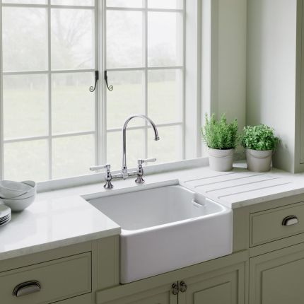 Rangemaster Farmhouse - Single Bowl Fireclay Ceramic Belfast Kitchen Sink with 60mm Waste - 595mm x 455mm