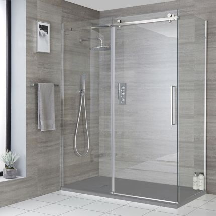 Milano Portland - Chrome Corner Frameless Sliding Door Shower Enclosure with Slate Tray - Choice of Size