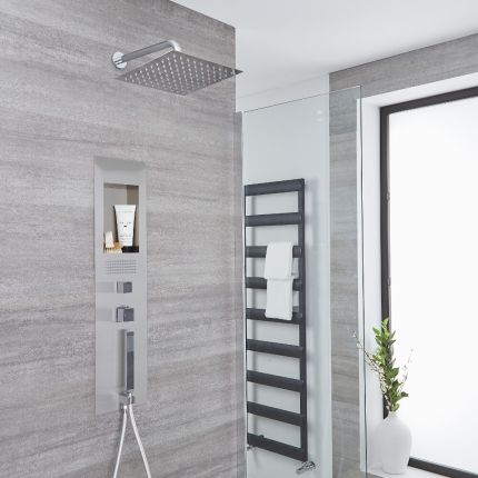 Milano Lisse - Concealed Brushed Shower Tower Panel with 300mm Square Head and Wall Arm