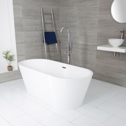 Milano Ballam - White Modern Oval Double-Ended Freestanding Bath - 1695mm x 750mm - Choice of Overflow Finish