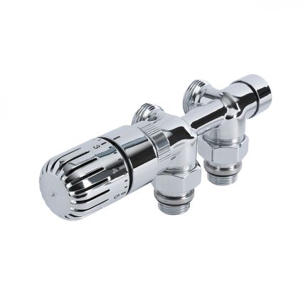 Milano - Chrome Thermostatic H-Block Angled Radiator Valves - 15mm Copper Euro Cone Adapters
