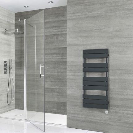 Milano x ECOSO Lustro Electric - Anthracite Flat Panel Designer Heated Towel Rail - 975mm x 450mm - with Thermostatic Wi-Fi Heating Element