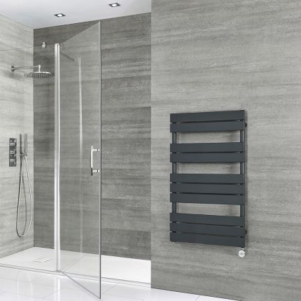 Milano x ECOSO Lustro Electric - Anthracite Flat Panel Designer Heated Towel Rail - 975mm x 600mm - with Thermostatic Wi-Fi Heating Element